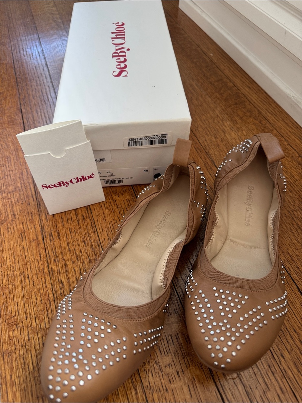 NWT See By Chloé Tan Leather Studded Ballet Flats